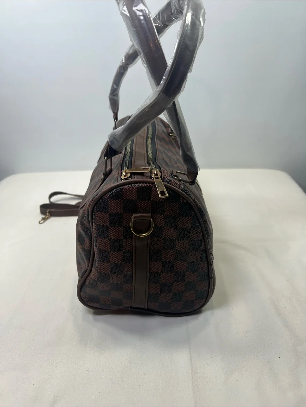 Brown Monogram Style Satchel Purse Gold Tone Hardware Fashion Handbag Flaw